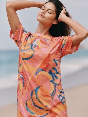Farm Rio x Anthropologie Cotton Midi T-Shirt Dress — Fruit Brush NWT L GWP